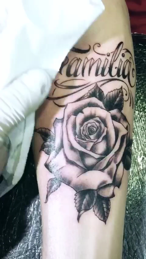 Rosa en negro y gris tatuada en un antebrazo, con la palabra familia en letra cursiva por encima; a la izquierda, una mano con guante blanco.